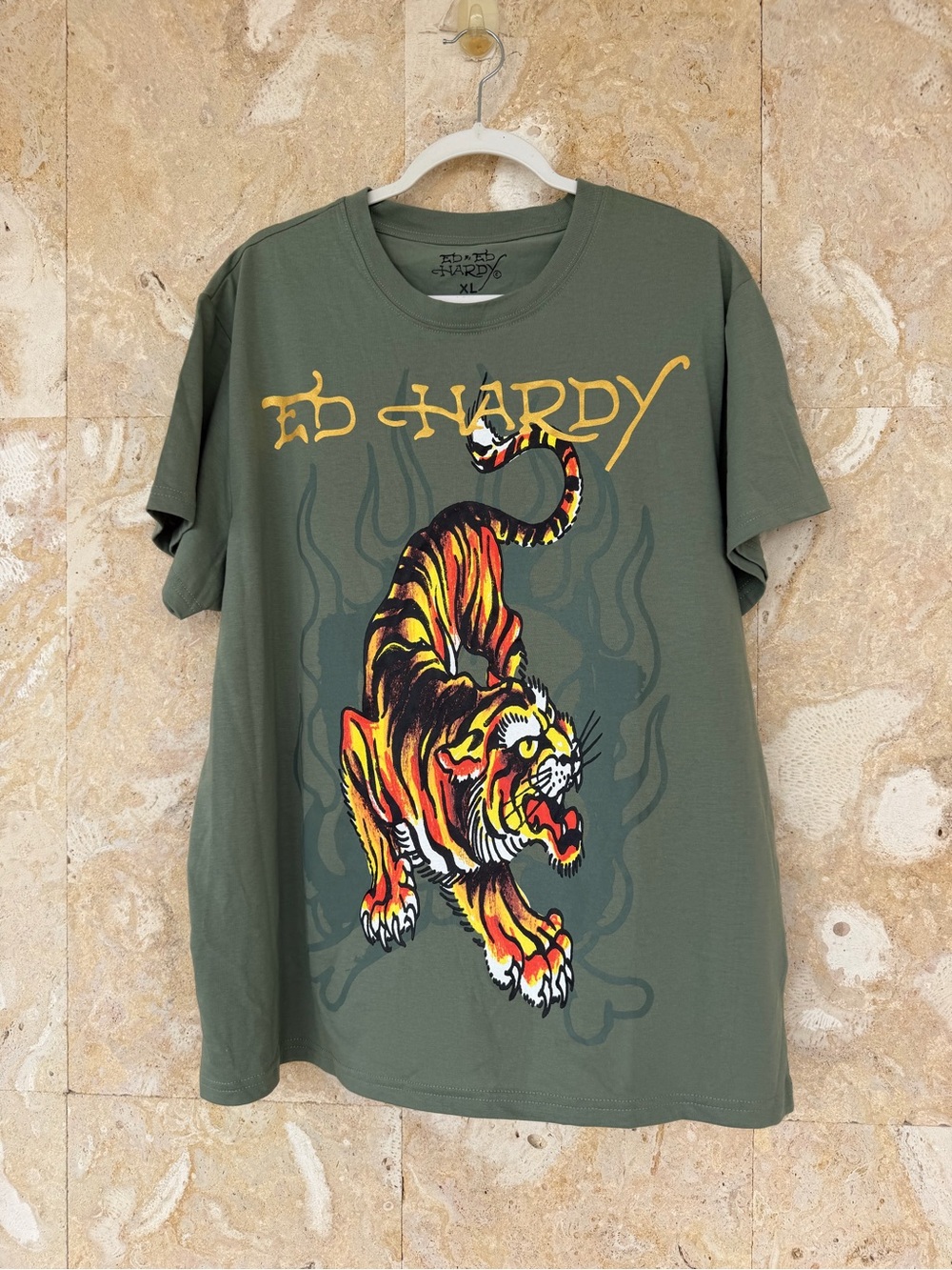 Ed Hardy Olive Tee with Vibrant Tiger Graphic